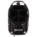 A black golf bag with a padded interior and multiple compartments is shown from above The bag features the logo Srixon prominently displayed on the front and includes zippers for storage