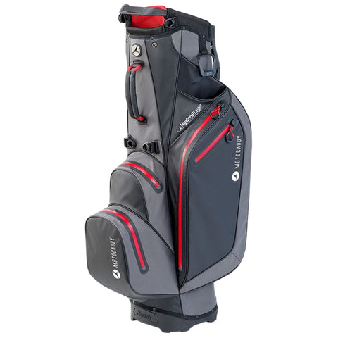 A golf bag with multiple pockets stands upright featuring a combination of grey and black materials with red accents showcasing a modern design intended for carrying golf clubs and accessories.