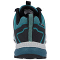 A black and teal athletic shoe is presented from the back displaying a textured sole and a pull tab for easy fitting in a neutral background.