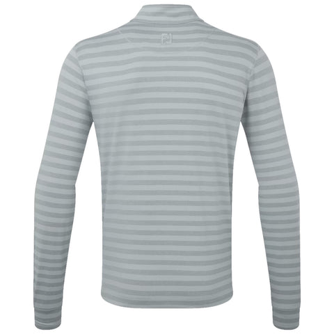 A long-sleeved shirt is displayed with a light gray color and horizontal stripes. The shirt has a mock collar and is designed for casual or athletic wear.