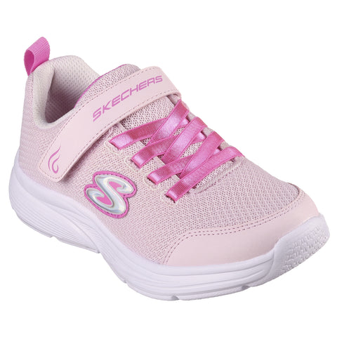 A pink sneaker features a textured upper with pink laces and a Velcro strap displaying the brand Skechers on the side designed for comfort and casual wear.