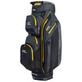 A golf bag stands upright with multiple compartments and pockets designed for holding clubs and accessories featuring a black and gray color scheme with yellow accents and brand logos prominently displayed