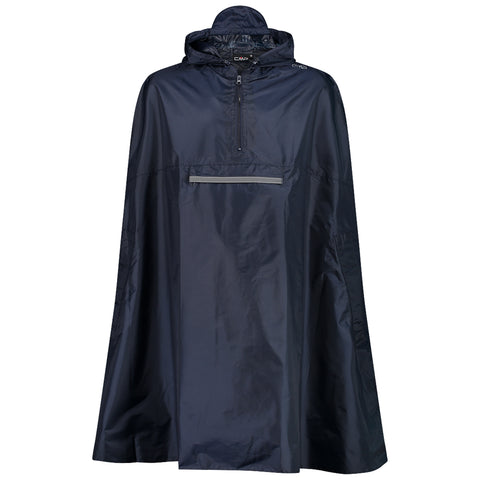 A dark blue waterproof poncho with a hood and a front zipper pocket is displayed. It is designed to provide protection from rain in outdoor settings.