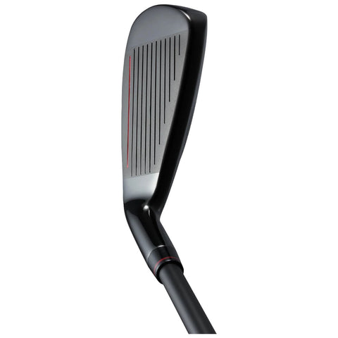 A sleek black golf club head is positioned at an angle showcasing its flat surface with grooves and a red line along the face suggesting it's ready for a swing on a golf course.