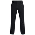 Black pants are standing upright showing the front view with a button and zipper closure visible the fabric appears smooth and the fit is casual or business appropriate