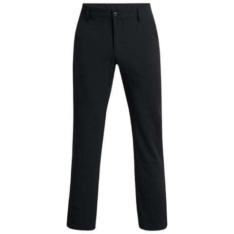 Black pants are standing upright showing the front view with a button and zipper closure visible the fabric appears smooth and the fit is casual or business appropriate