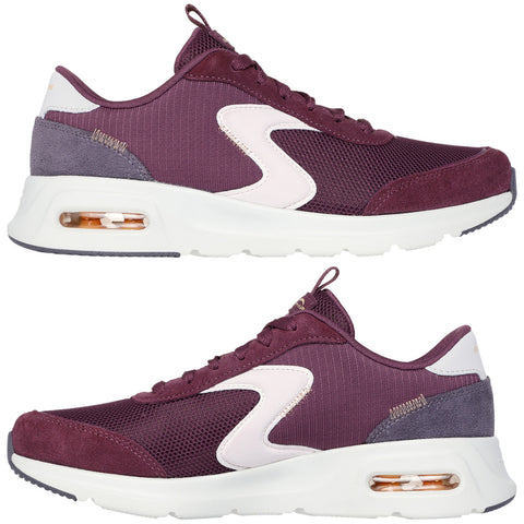 A pair of stylish athletic shoes displays a maroon and white design with a textured fabric upper and a cushioned sole featuring a visible air unit near the heel, set against a plain background.