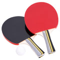 Two table tennis paddles one red and one black are placed next to a white ping pong ball in a neutral background setting.