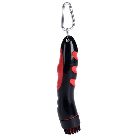 A black and red flashlight with a textured grip and a clip is hanging vertically. It has a brush at the end, designed for cleaning or detailing small areas.