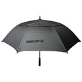 A large black umbrella is opened with a curved handle facing downwards providing coverage from potential rain or sun exposure positioned in a neutral background setting