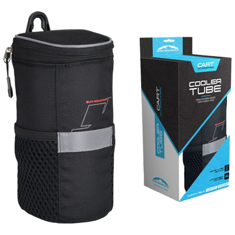 A cylindrical cooler in black with a zippered top sits beside its packaging. The cooler features a mesh pocket and branded text, designed for carrying beverages outdoors.