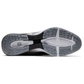 A black and white sneaker sole is displayed with a textured grip pattern and cushioning features it rests on a plain white background showcasing its design and structure.