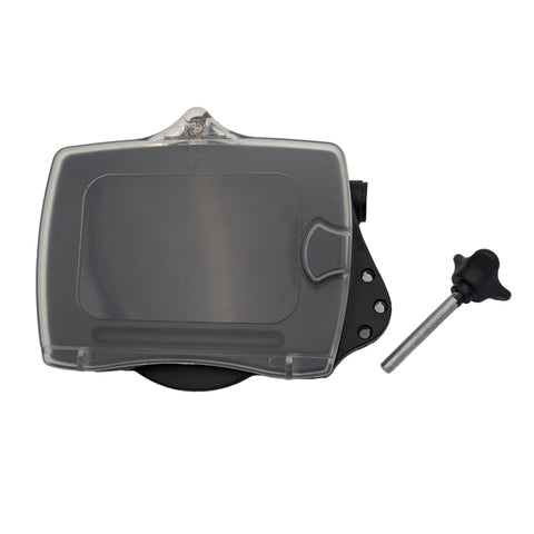 A transparent camera housing sits beside a mounting bolt and knob. The housing is designed to protect a camera while allowing clear visibility for capturing images in diverse environments.