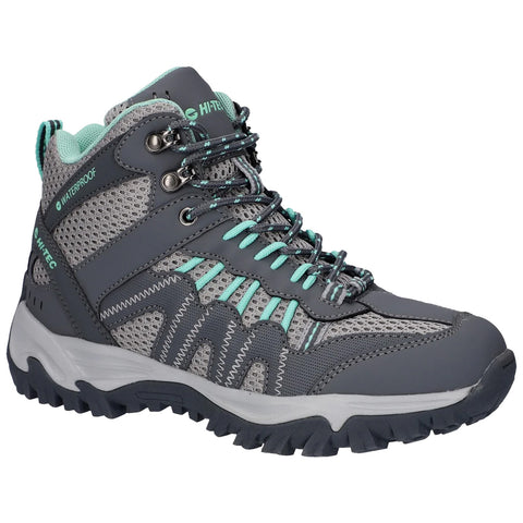 Gray and aqua hiking boot positioned upright features waterproof material mesh and rubber sole designed for outdoor activities in varying terrain and weather conditions.