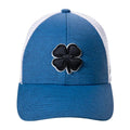 A blue baseball cap features a prominent black four-leaf clover emblem at the front with white mesh sides creating a sporty look suitable for outdoor activities or casual wear.