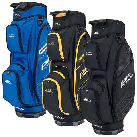 Three golf bags in blue black and yellow colors stand side by side showcasing a sleek design with multiple pockets for storage in a display context.