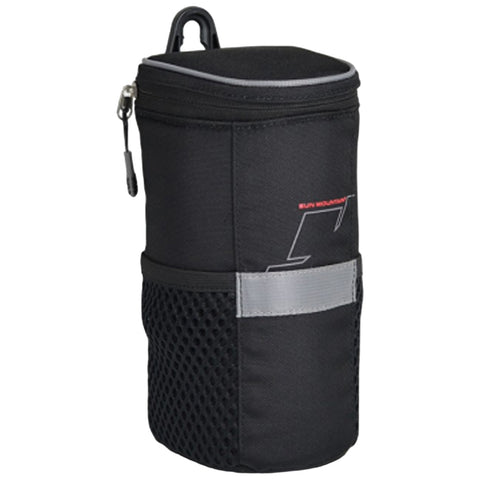 A cylindrical black storage pouch with a zippered top holds items securely while a mesh section allows for ventilation in outdoor settings suitable for camping or hiking.