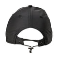 A black cap is shown from the back with an adjustable strap and fastening mechanism visible the context suggests it is designed for sports or outdoor activities.