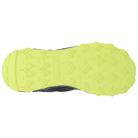 A bright yellow shoe sole is displayed prominently featuring a rugged tread pattern designed for grip while set against a plain white background suggesting a focus on footwear technology.