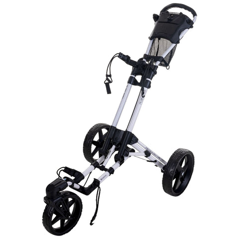 A golf trolley stands upright with a compact frame featuring three wheels. It is designed to carry golf bags and has a handlebar for steering in an outdoor environment.