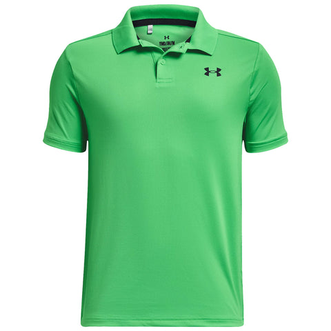 A short-sleeved green polo shirt is displayed front-facing featuring a collar and a black logo on the upper left side designed for casual or athletic wear in a neutral backdrop.