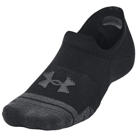 A black athletic sock is presented prominently resting on its toe side featuring a logo on the upper section and a textured pattern along the footbed designed for sports use.