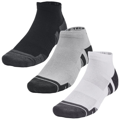 Three pairs of ankle socks in black grey and white are displayed together showcasing a variety of styles and colors designed for comfort and athletic use against a plain background.