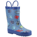 A blue rubber rainy boot features colorful robot patterns and two loops at the top for easy wear in a playful and vibrant design suitable for children.