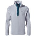 A light gray fleece pullover features a high collar with a teal button placket and side zippers designed for warmth and comfort suitable for casual outdoor activities.