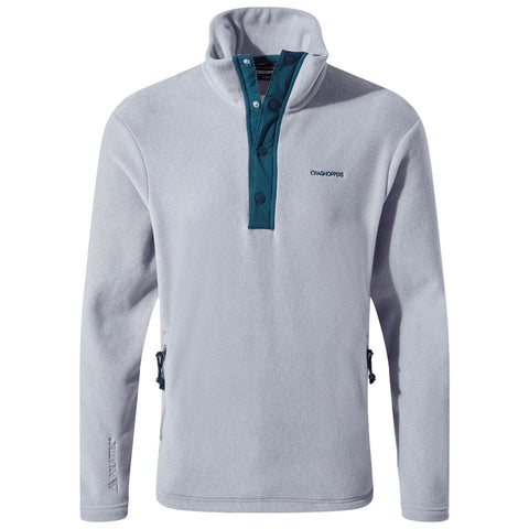 A light gray fleece pullover features a high collar with a teal button placket and side zippers designed for warmth and comfort suitable for casual outdoor activities.