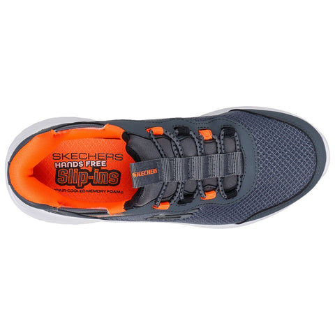 A gray sneaker features an orange interior with a slip-on design. It has laces and a logo, providing a modern casual look suitable for everyday wear.