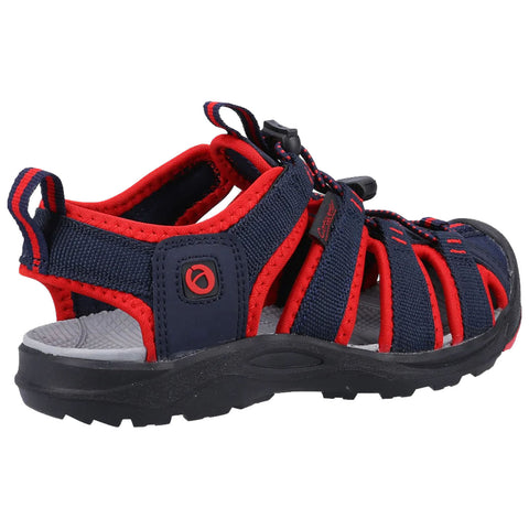 A navy and red sandal features an open design with adjustable straps a thick black sole and textured inner lining suggesting comfort and suitability for outdoor activities.