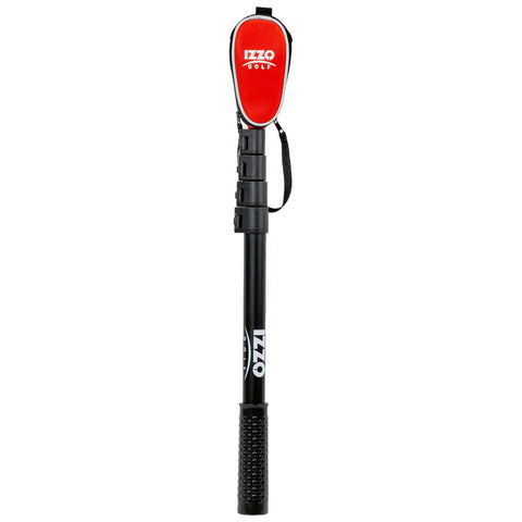 A black golf alignment stick stands upright featuring a red padded top labeled IZZO GOLF and a textured grip for easy handling used to assist with golf swing and alignment practices.