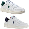 Two pairs of white athletic shoes are displayed side by side. The upper pair features a green heel and the lower pair has a navy blue heel. Both shoes have a white sole and visible laces.