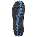 A black and blue shoe sole with a rugged pattern designed for traction shows raised treads and grooves suggesting it is meant for outdoor activities in varied terrain