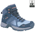 A blue hiking boot features a waterproof design with light pink accents laces and grips The boot is positioned against a neutral background showcasing its features and branding