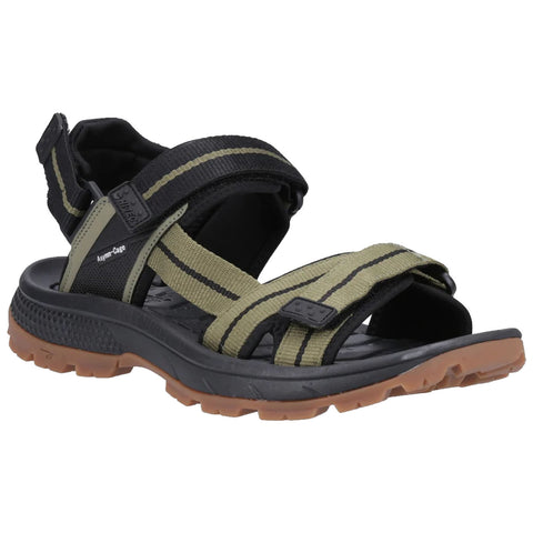 A pair of outdoor sandals features a flexible sole and adjustable straps in black and olive green colors designed for comfort and durability suitable for various terrains.