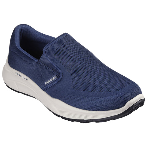 A navy blue slip-on shoe rests on a flat surface showcasing its mesh upper and cushioned sole designed for comfort and ease of wear in casual settings.