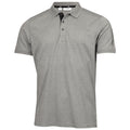 A gray polo shirt hangs freely with a collar and three buttons at the front featuring a contrasting black inner collar and branding on the sleeve