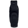 A black golf bag stands upright featuring multiple zippered compartments and a sturdy base labeled with brand markings DRI TECH and MAG-LOK showcasing a sleek and functional design for easy transport