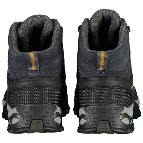 Black hiking boots are positioned upright showing the back view with mesh and rubber detailing the design highlighting a durable structure suitable for outdoor activities.