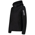 A black jacket is displayed frontally featuring a hood and a zippered pocket on the left sleeve showcasing a sleek and modern design intended for outdoor activities.