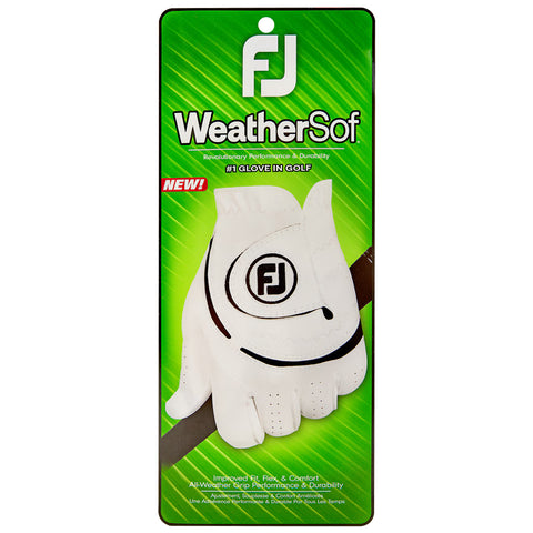 A white golf glove is displayed on a green background featuring the brand logo. The text highlights its performance durability and all-weather grip with promotional phrases like NEW and #1 GLOVE IN GOLF.