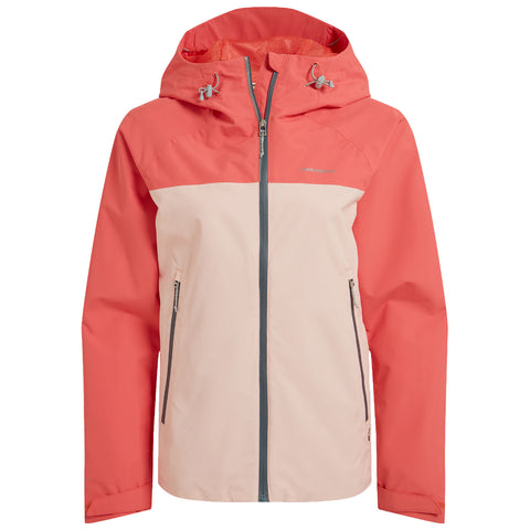 A lightweight jacket features a two-tone design with a coral upper and beige lower half it has a hood and zippered front pockets suitable for outdoor activities