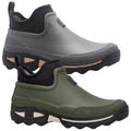 Two pairs of waterproof ankle boots are displayed side by side featuring a gray pair on top and an olive green pair below both with rubber soles and elastic cuffs suitable for outdoor activities.