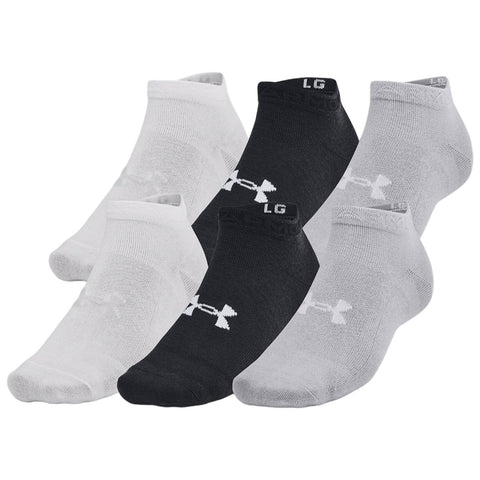 A set of six ankle socks in three colors: two white, two black, and two gray. They are designed for athletic use and display a logo on the side.