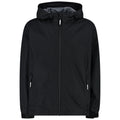 A black hooded jacket is displayed facing forward with a zipper and two side pockets the fabric appears lightweight and suitable for casual wear or light outdoor activities.