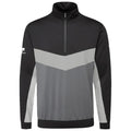 A half-zip pullover features a black upper section with a gray chevron pattern and lighter gray sides providing a sporty look suitable for outdoor activities or casual wear.