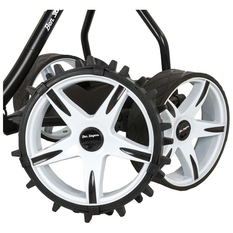 Two distinct wheels are displayed with a combination of black and white colors featuring a unique design. They are connected to a frame suggesting use in a cart or vehicle.