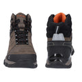 Two hiking boots are displayed side by side showcasing a brown suede outer layer with black accents and a bright orange inner lining while laces are neatly secured for outdoor use.